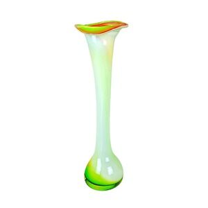Retro Handblown Glass Vase-Stunning Green White Orange Design 15.5" tall